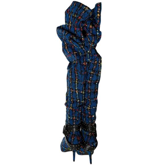 AZALEA WANG Taja Plaid Thigh High Boot With Buckle Detail In Blue 3'' Heel - Picture 7 of 13